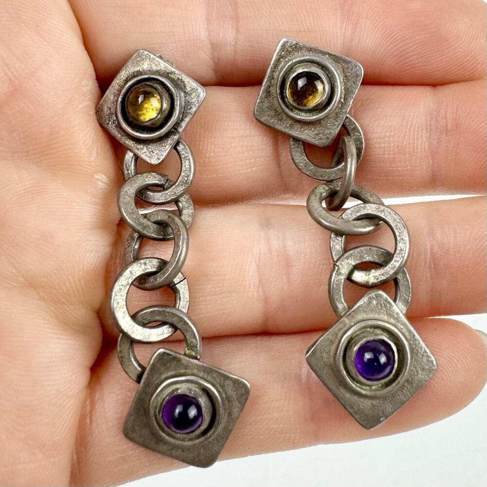 Vintage SCB Earrings 925 Sterling Silver Real Amethyst Purple Yellow Stone Chain